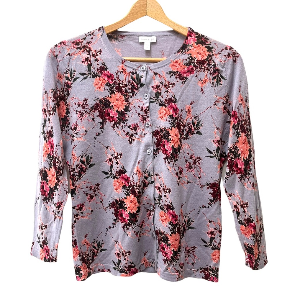 Garnet Hill Merino Wool Sweater Sz M Women’s Cardigan Round Neck Floral Purple